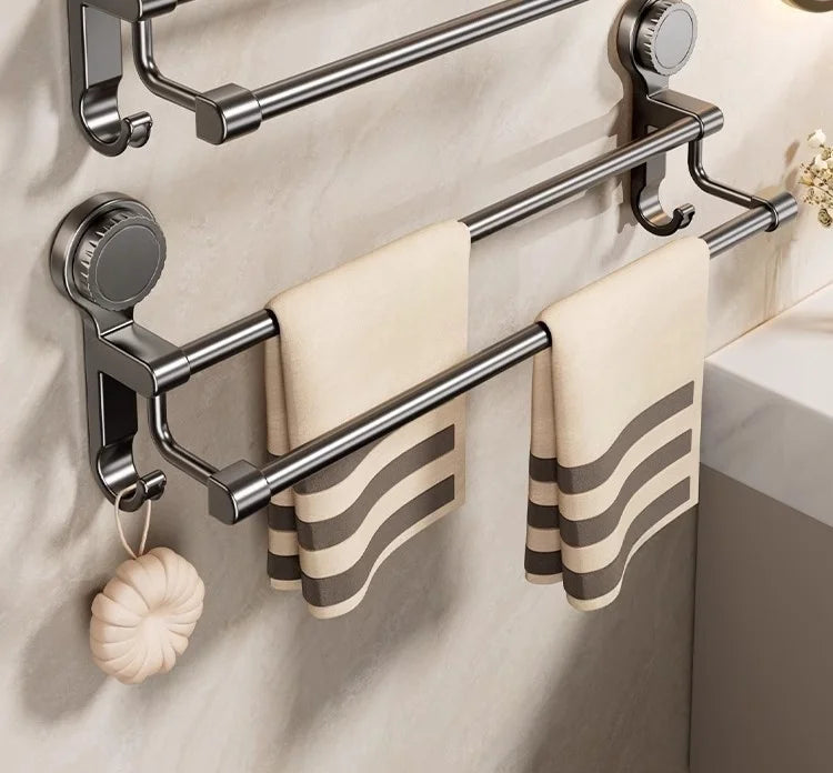 Towel Rack Bathroom No-Drill Storage Rack Suction Cup Wall-Mounted Towel Rack Toilet Bathroom Double Towel Hanging Rod