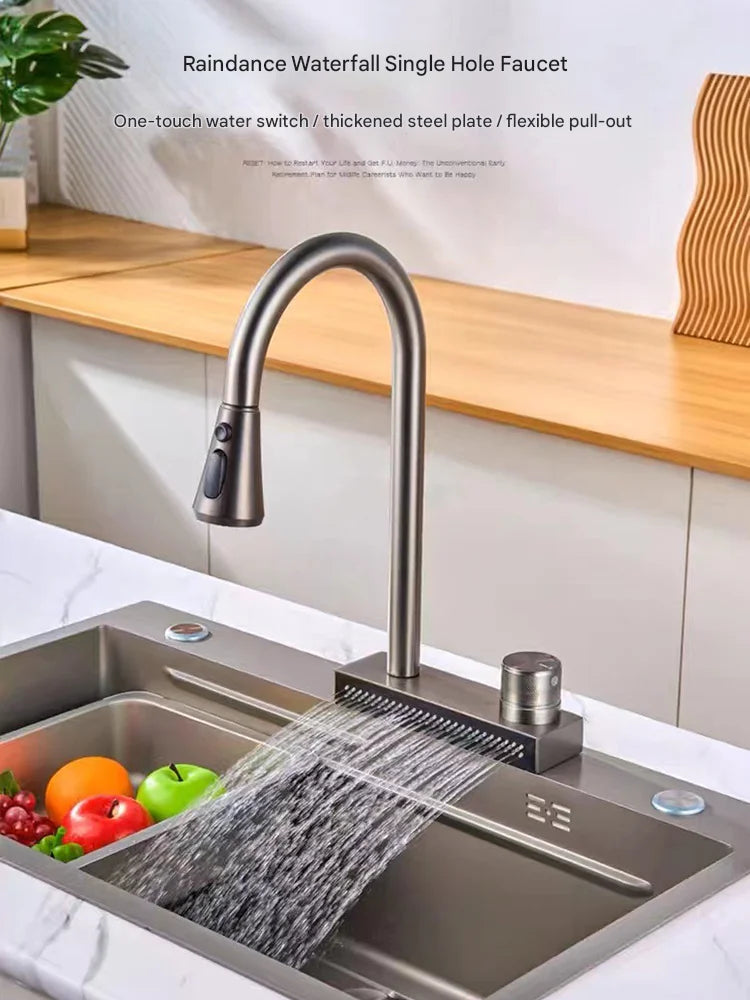 Waterfall Sink Pull Type Kitchen Faucet Hot Cold Mixer Vegetable Wash Tap Basin Multiple Water Outlets Rotation Flying Rain Tap