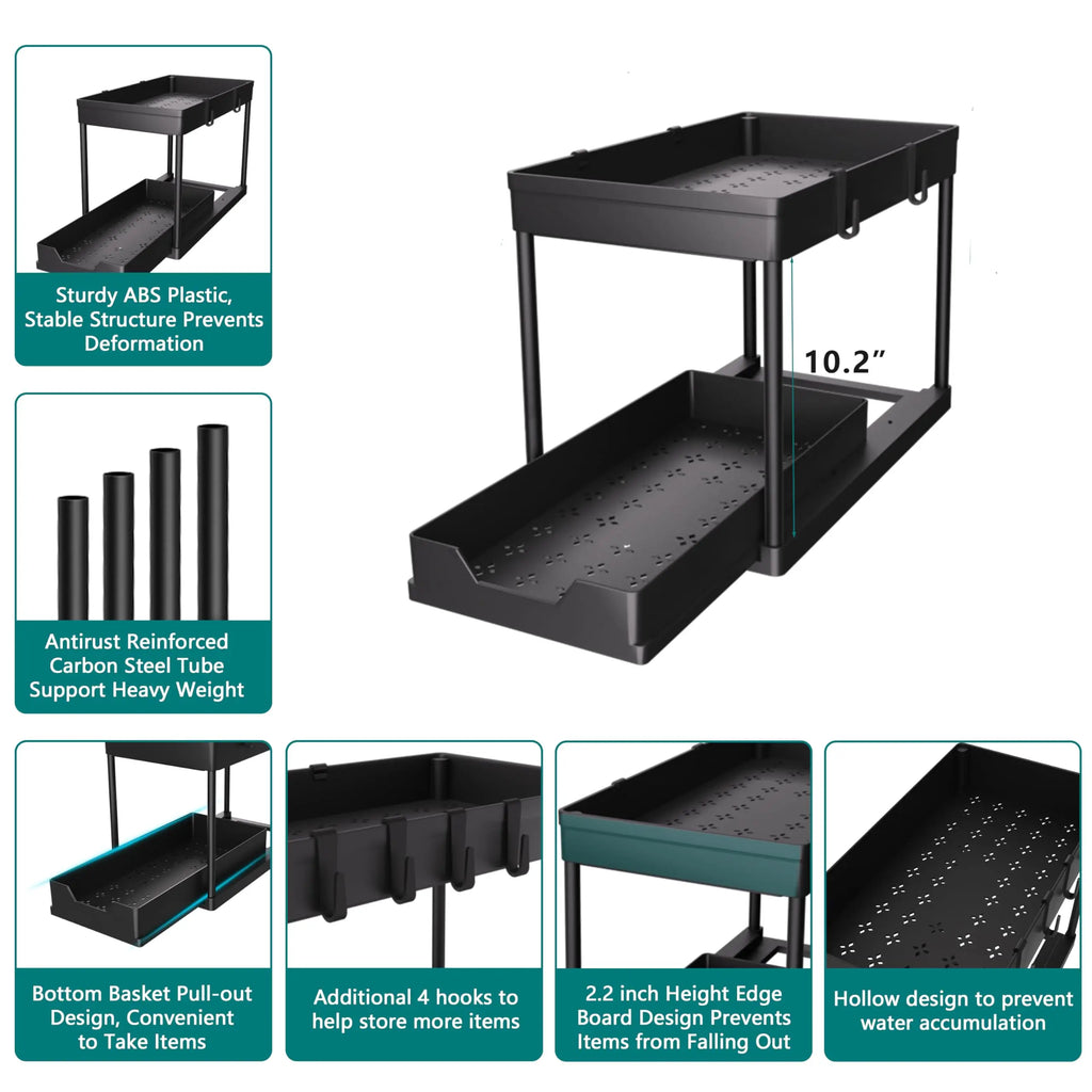 2 Tier Under Sliding Cabinet Basket Organizer Drawer with 4 Hooks, Multi-Purpose Under Sink Storage for Bathroom Kitchen Desktop