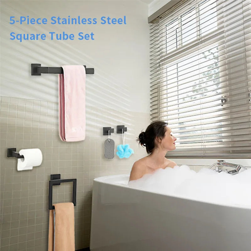 Bathroom Hardware Accessories Set 5-Pieces Bath Towel Bar Set Towel Racks Wall Mounted Stainless Steel for Bathroom Toilet