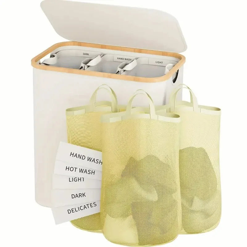 Dirty clothes basket bamboo basket bedroom with inner pocket with lid foldable  clothes storage basket with classification label