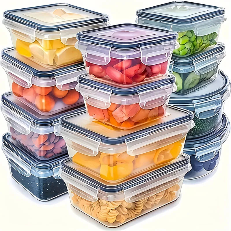 4-piece set of food storage containers, available in multiple sizes suitable for fruits, vegetables, pasta, snacks, and meat