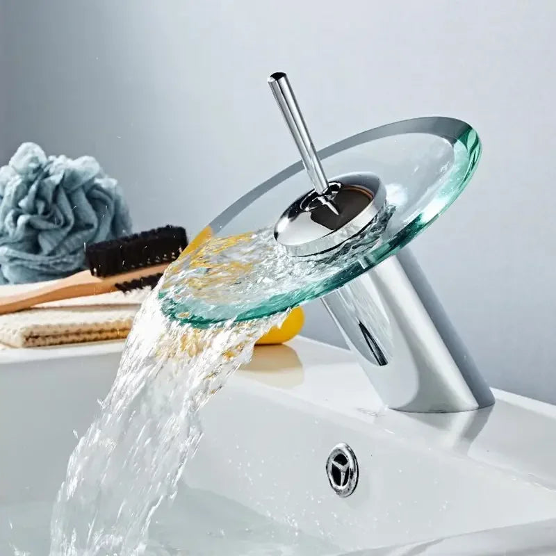 Bathroom Faucets Household Wash Basin Sink Taps Colorful Glass Waterfall Faucet Chrome Single Lever Mixer Tap Deck Mounted