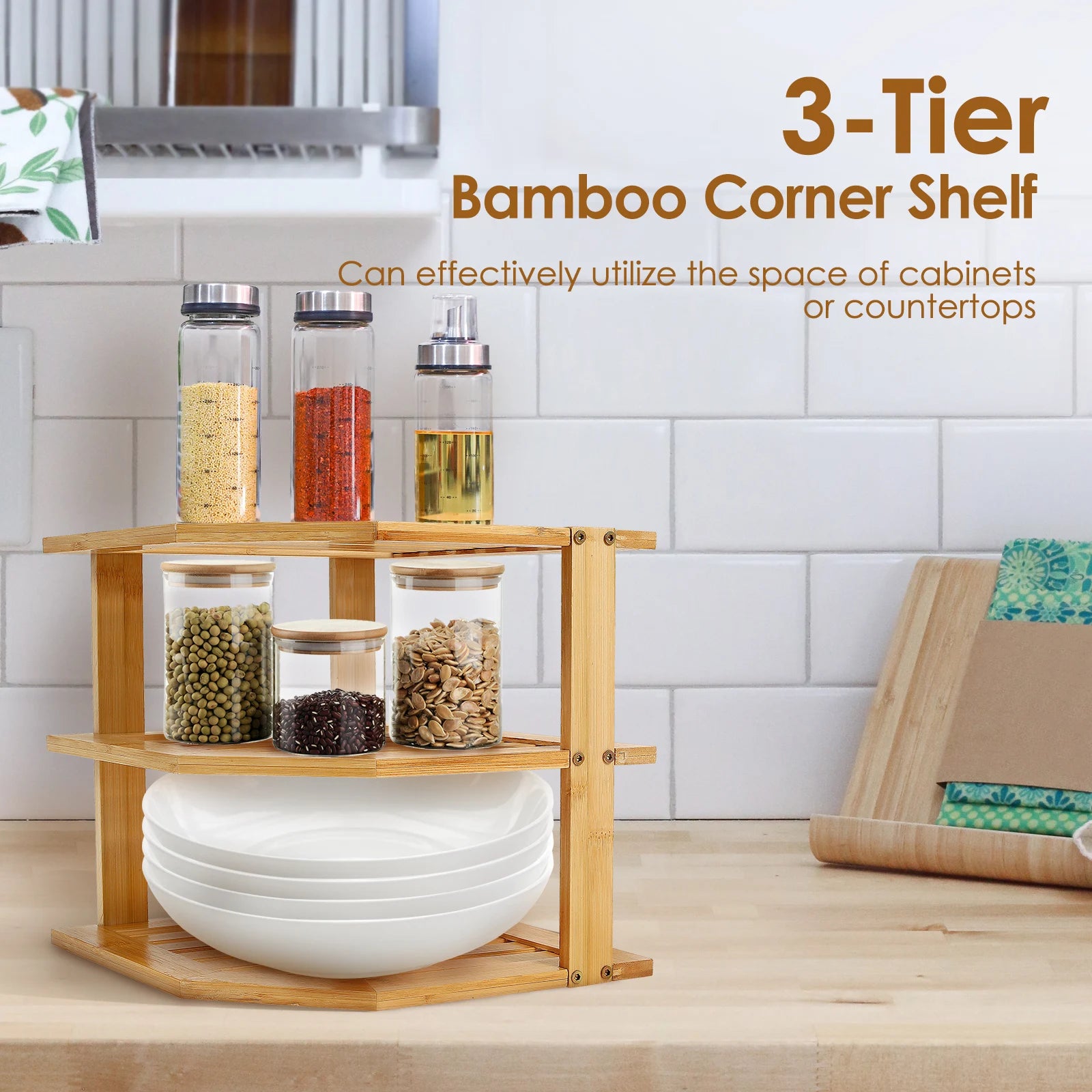 3 Tier Cabinet Organizer Shelf for Kitchen Storage Sturdy Plate Organizer Bamboo Corner Shelf Dish Rack for Cabinet Countertop
