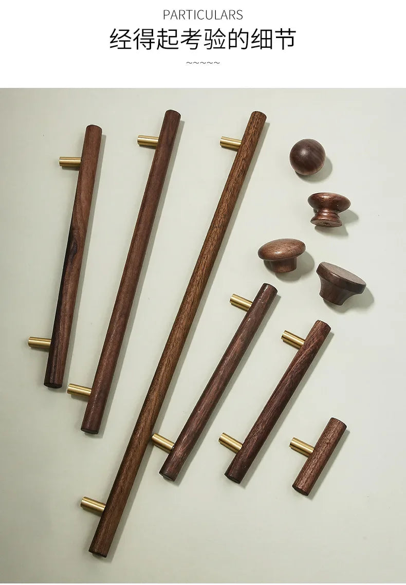 Walnut and Brass Furniture Handles Modern Simple Style Wood Cabinet Knobs and Handles Anti-cracking and Anti-oxidation