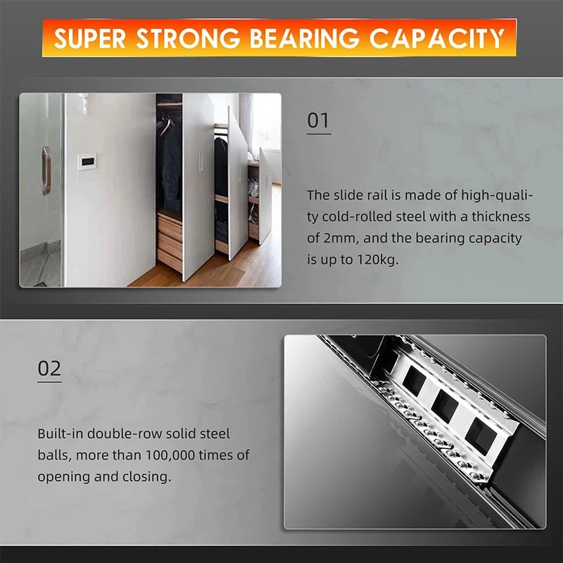 1Pcs Bottom Mount Heavy Duty Drawer Slides 260 LB Load Capacity Full Extension Ball Bearing Cabinet Hidden Stair Rail 400-900mm
