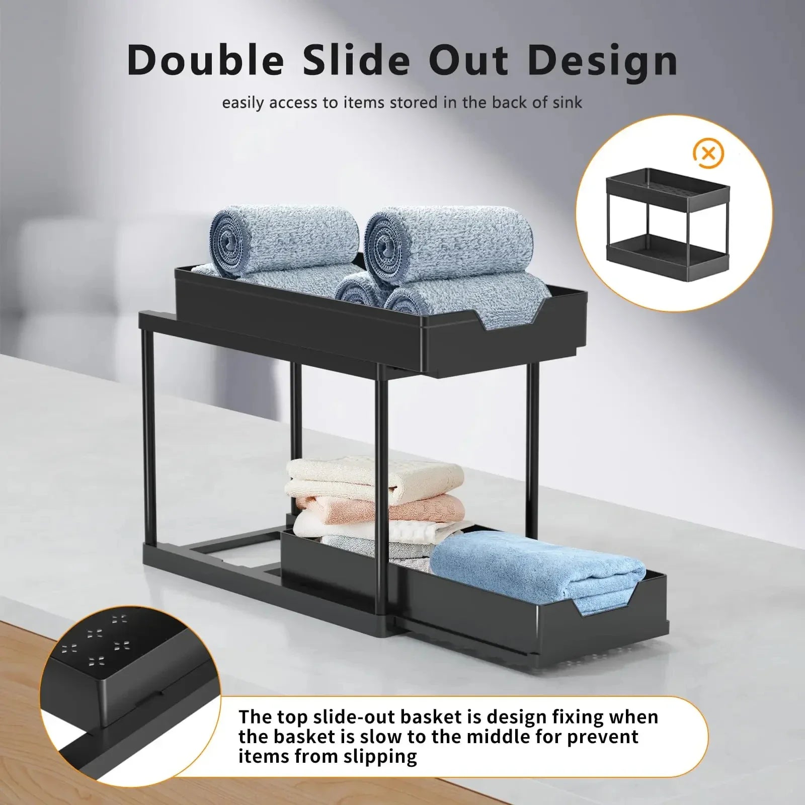Under Sink Organizer and Storage, Kitchen Organization Rack with Double Sliding Cabinet Drawers, Multi-Purpose Storage Shelf Hol