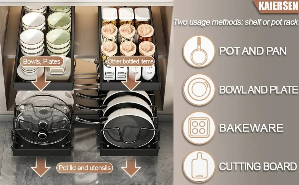 Kitchen Pull-Out Pot Rack Adjustable Cupboard Trays Dishes Partition Shelf with Slide Rails Organizer Tray Drawer Storage Racks