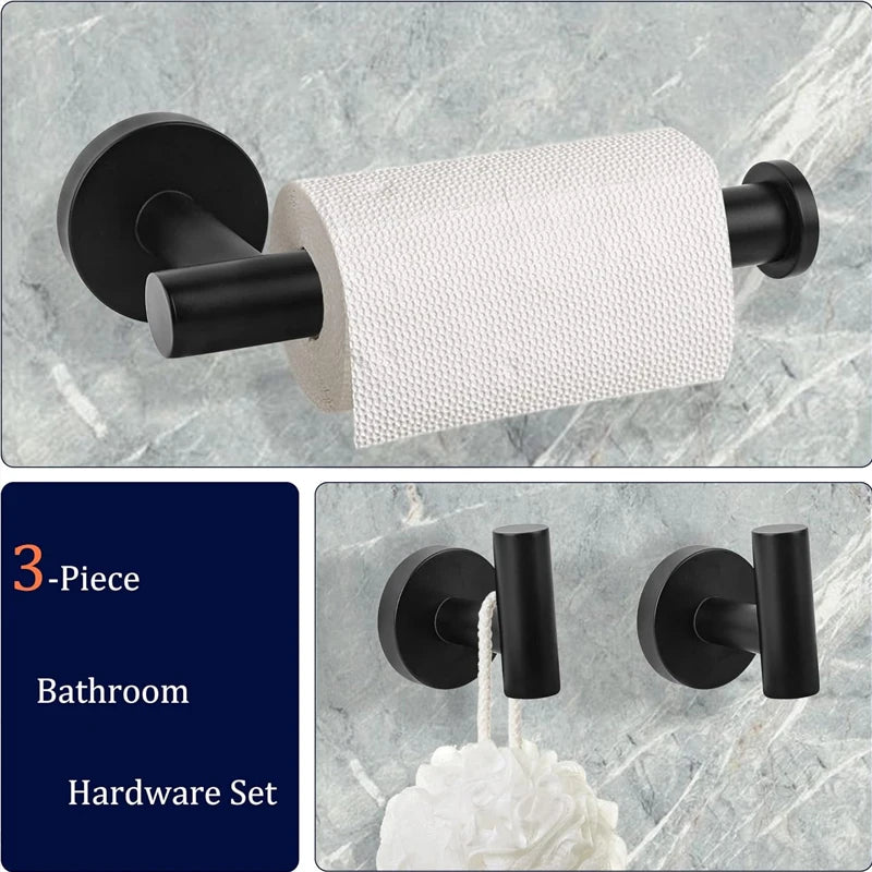 3-Piece Bathroom Hardware Set Wall-Mounted Toilet Paper Holder 2 Towel Hooks Modern Black Bath Accessories Christmas Decor Gift