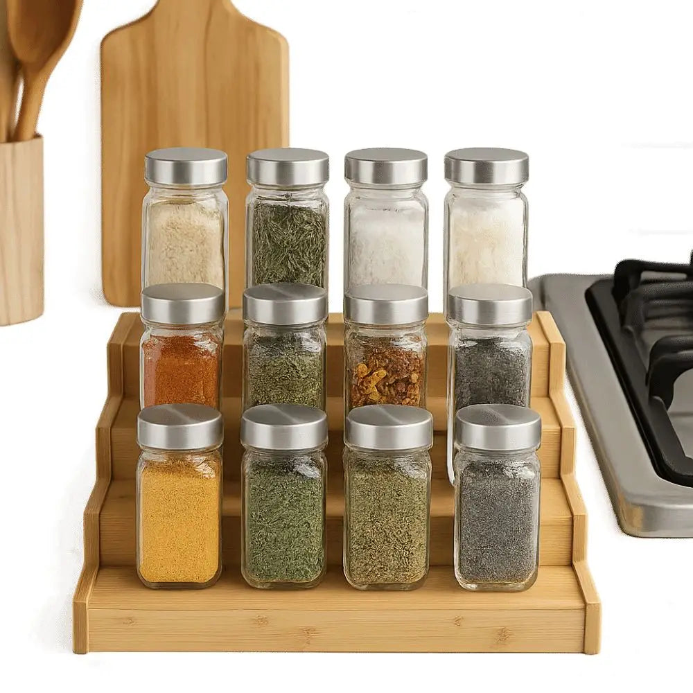 Solid Wooden 3-Tier Spice Rack Space-Saving Spice Display Seasoning Organizer Durable Multi-Tier Spice Jar Storage Set