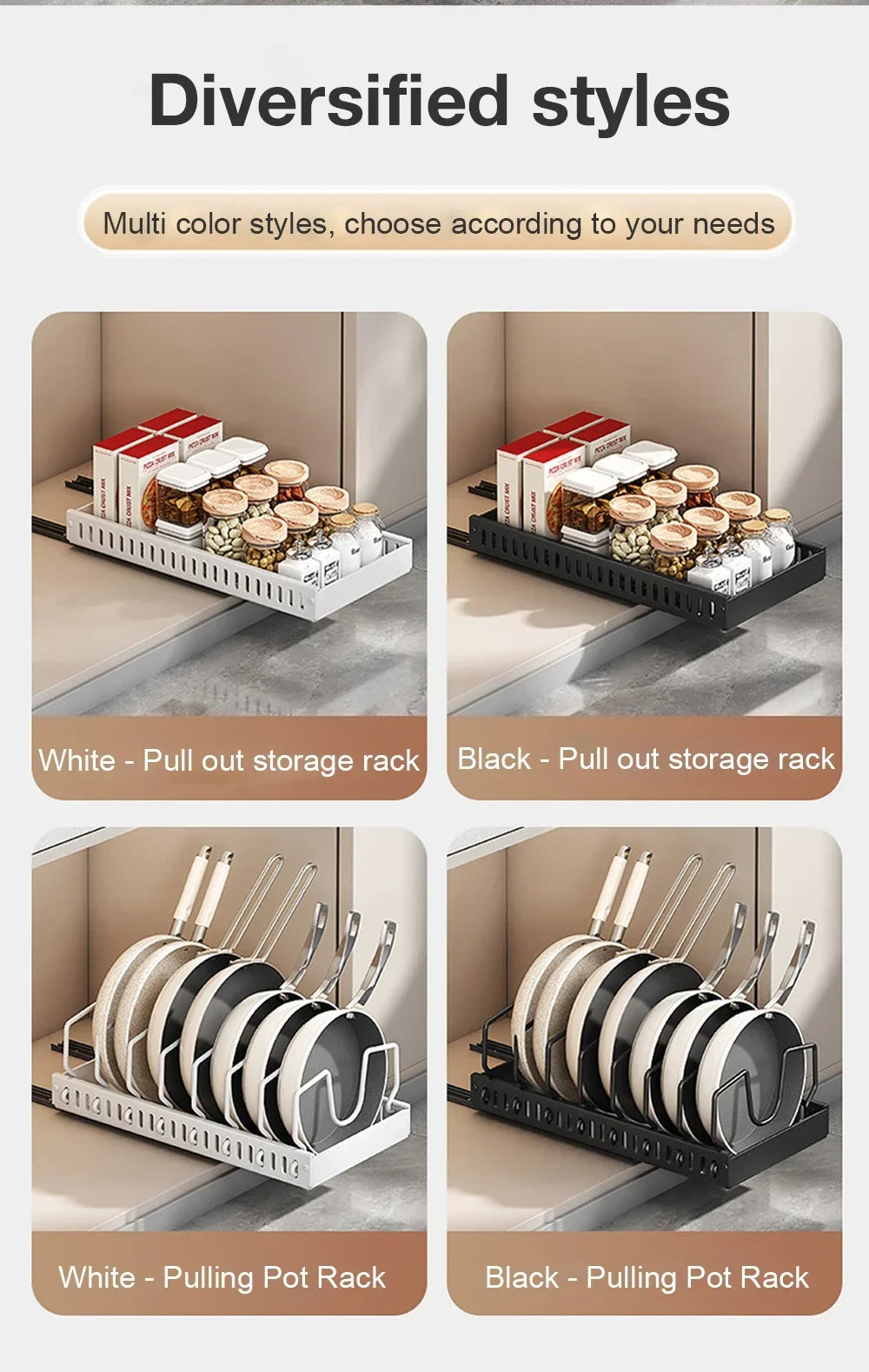 Hot-selling multifunctional kitchen pull-out cookware/frying pan sliding lid rack, spice rack, and bowl and plate drawer storage