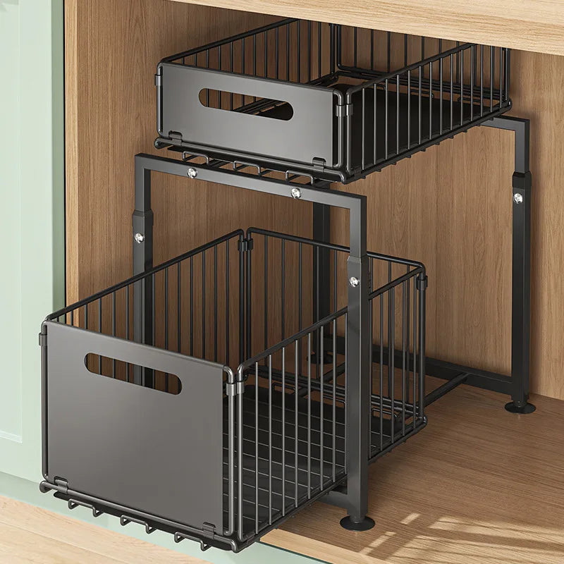 2-Tier Pull Out Cabinet Organizer Drawer Height Adjustable Kitchen Rack for Cabinet Under Sink Organizer Spice Jar Storage Shelf