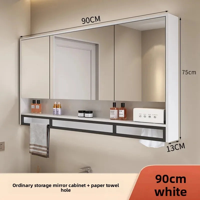 Bathroom Mirror Cabinet Wall Mounted LED Waterproof Aluminum Medicine Cabinet with Storage Shelf Towel Rod for Home Bathroom