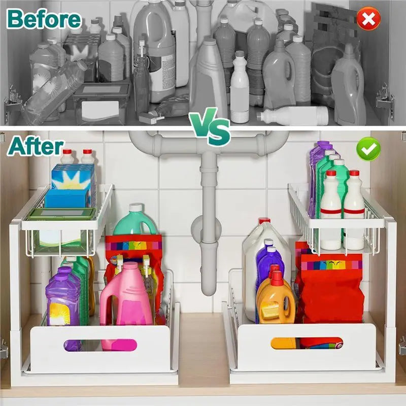 -November Under Sink Organizer 2 Tier Under Sink Storage, Slide Out Pull Out Cabinet Organizer Shelf, Metal Sliding Drawer