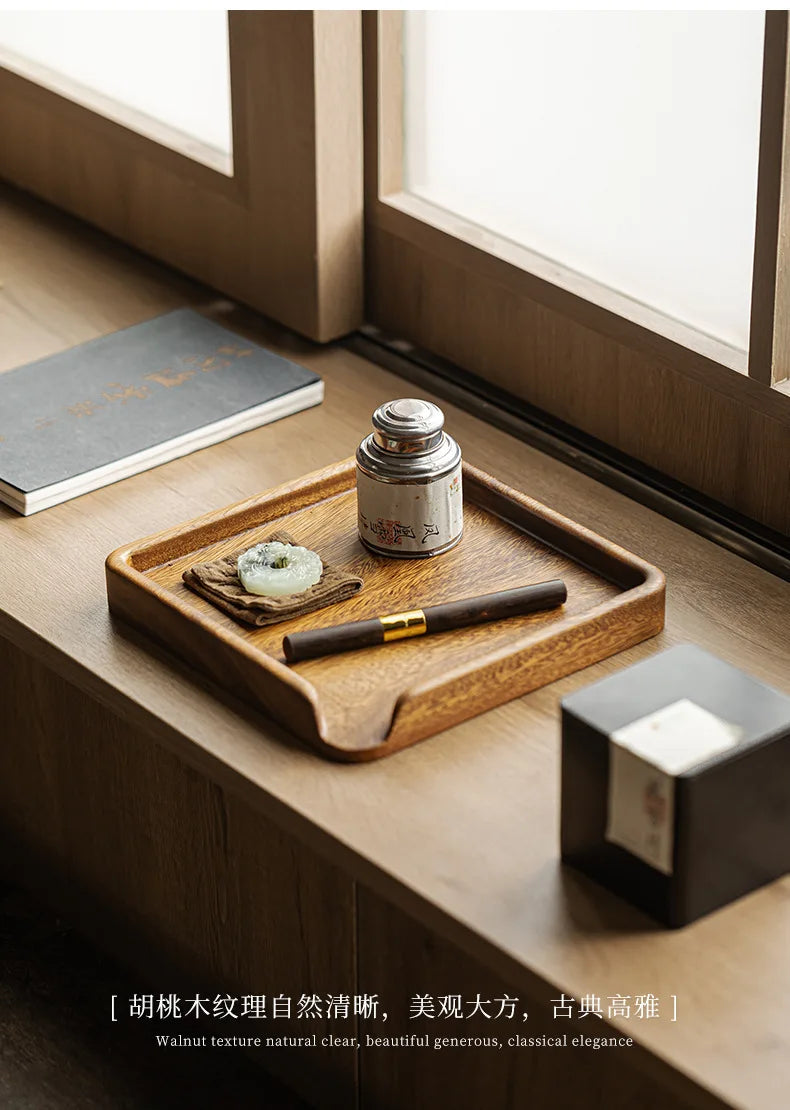 Chinese Walnut Square Food Tray Solid Wood Puer Tea Set Tray Home Breakfast Tray Cake Tray Flower Pot Bonsai Gardening Holder