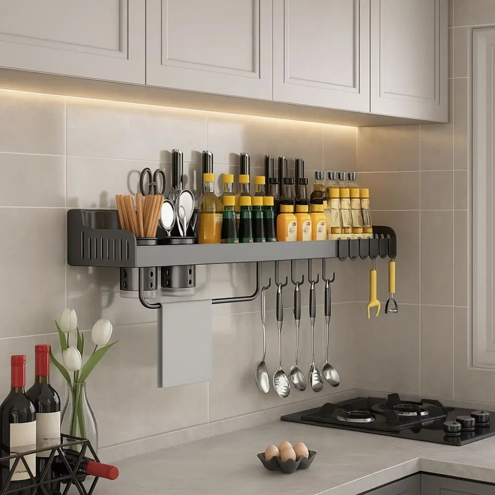 Wall Mounted Kitchen Storage Rack Moisture-Proof Anti-Rust Spice Rack Organizer No Punching Required Removab