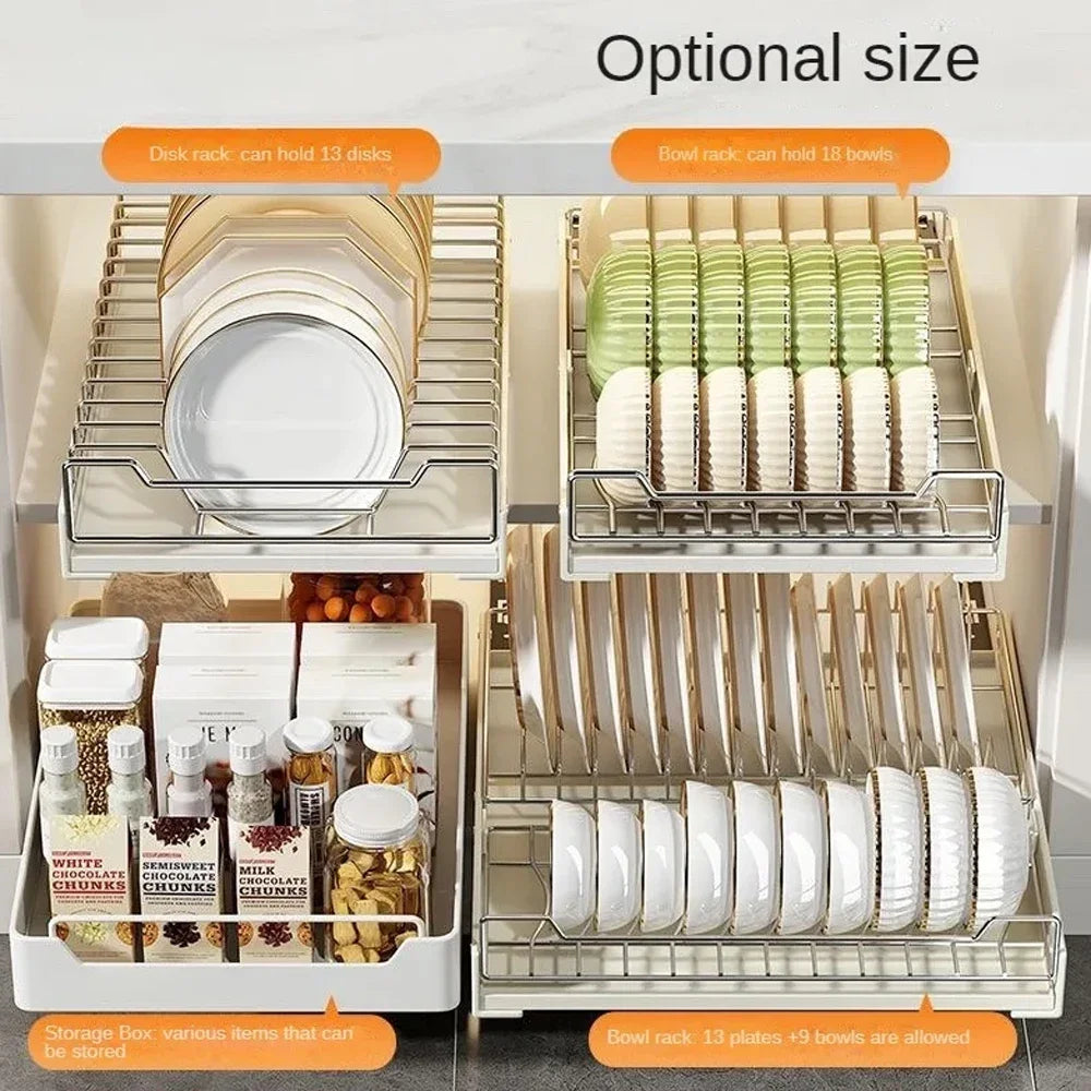 New Kitchen Storage Rack with Slide Rails Kitchen Drawer Type Organizer Shelf Tray Dish Drainer Storage Rack Cabinets Organize