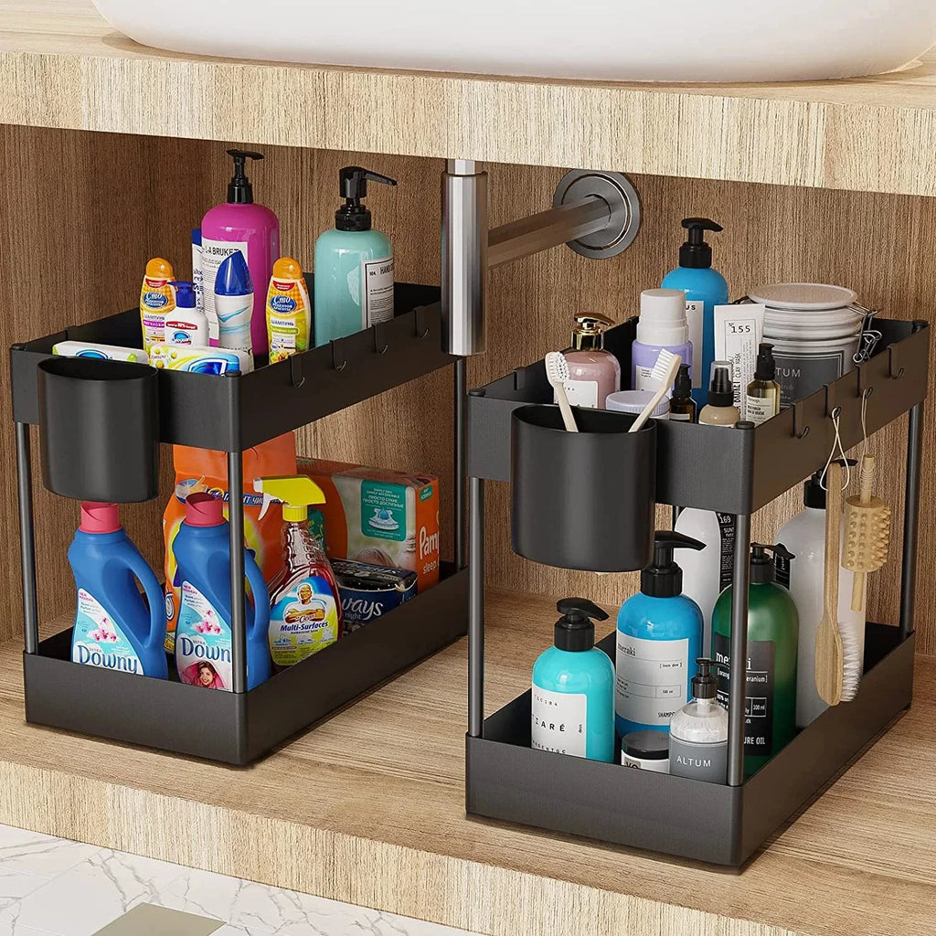 Under Sink Organizer and Storage, Kitchen Organization Rack with Double Sliding Cabinet Drawers, Multi-Purpose Storage Shelf Hol