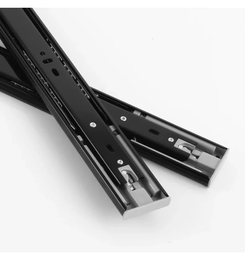 Heavy-Duty Soft-Close Drawer Slides - Automatic Three-Section Black Drawer Glide Tracks with Silent Rebound Mechanism