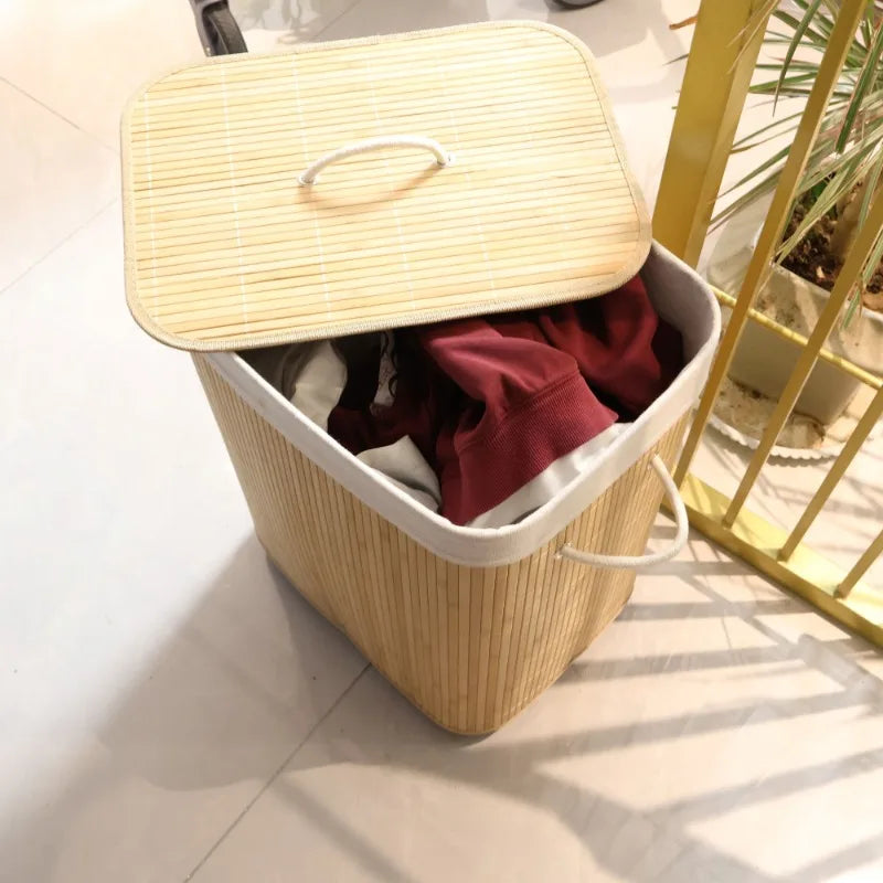Dirty Laundry Basket Folding Storage Baskets Bamboo Clothes Storage Box with Lid Multifunctional Organizer Boxes with Wheels