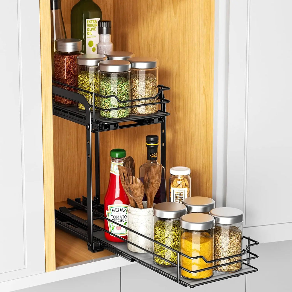 Spice Rack Organizer for Cabinet 2 Tier Pull Out Spice Racks for Inside CabinetHeight Adjustable Heavy Duty Vertical Spice Shelf