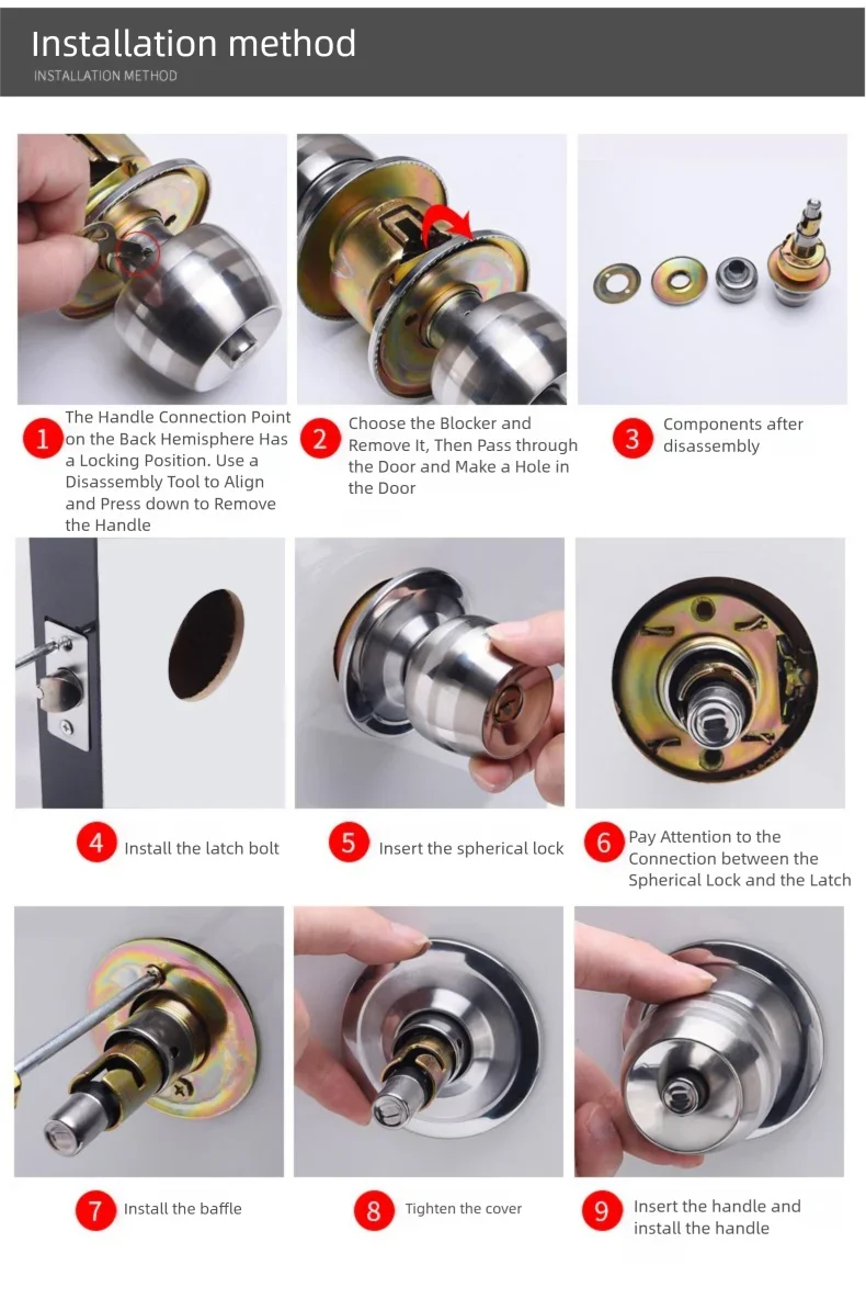 Stainless Round Door Knobs Rotation Lock Knobset Handle with Key for Bedrooms Bathrooms Utility Room Hardware Accessories