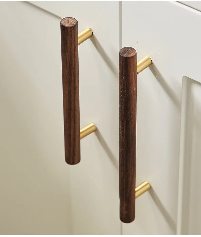 Walnut and Brass Furniture Handles Modern Simple Style Wood Cabinet Knobs and Handles Anti-cracking and Anti-oxidation
