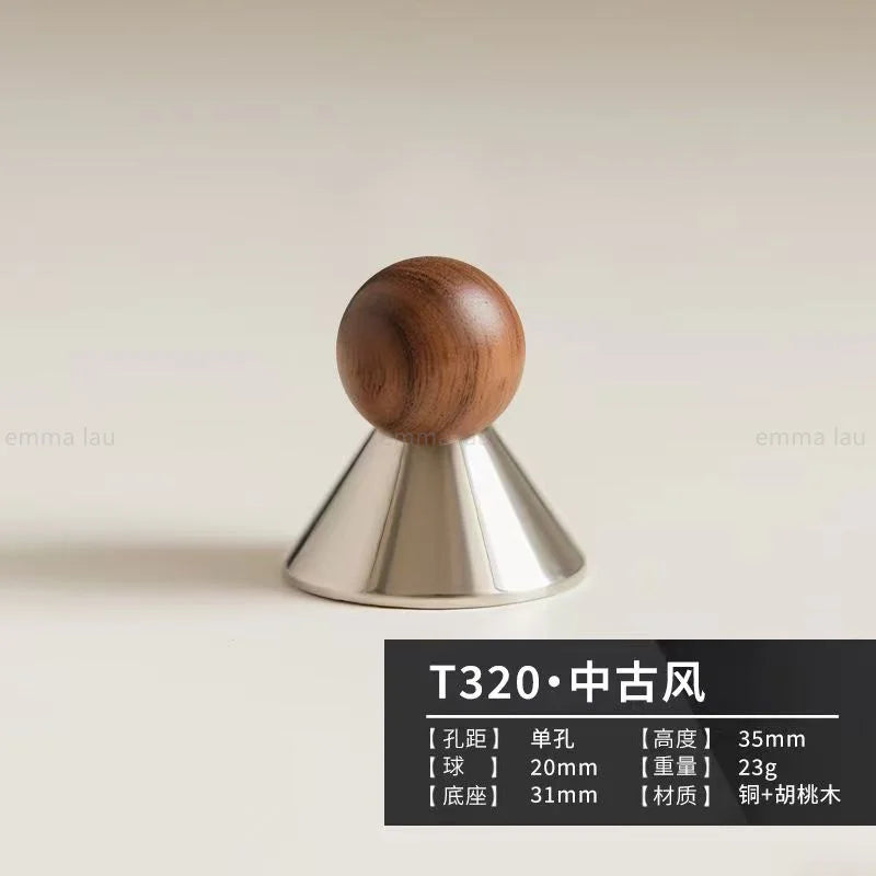 Modern Walnut Wood Brass Cabinet Door Handle Silver Wardrobe Cupboard Furniture Pulls Single Hole Drawer Knobs Cabinet Handles