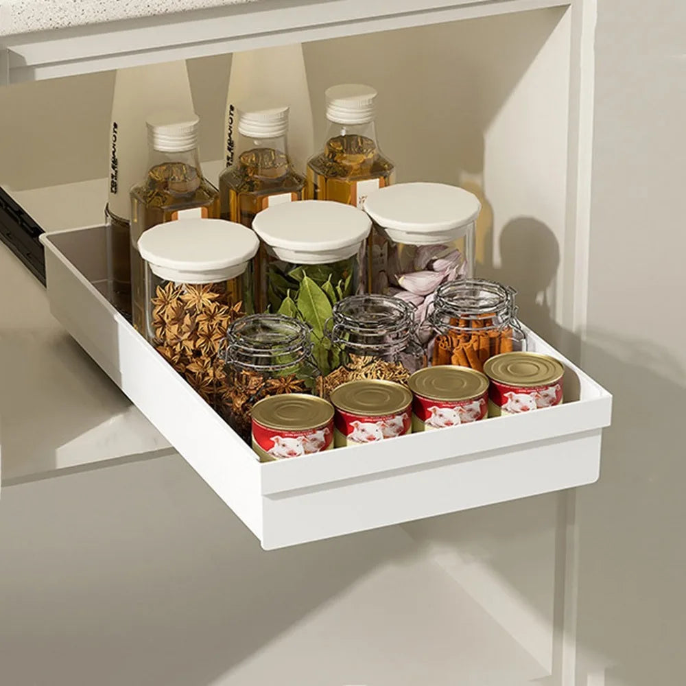 Pull-out Kitchen Storage Rack Large Capacity Plastic Spice Box Storage Rack with Slide Rails Anti-slip Drawer Type Storage Tray