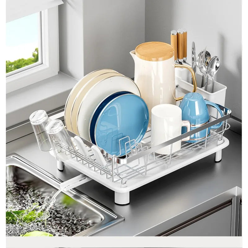 Single Layer Hollow Dish Rack Kitchen Countertop Rack with Drainage Tray Multifunctional Tableware Rack Rust Resistant Durable
