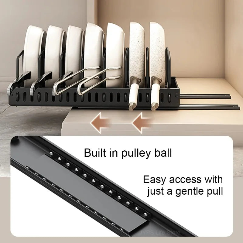 Hot-selling multifunctional kitchen pull-out cookware/frying pan sliding lid rack, spice rack, and bowl and plate drawer storage