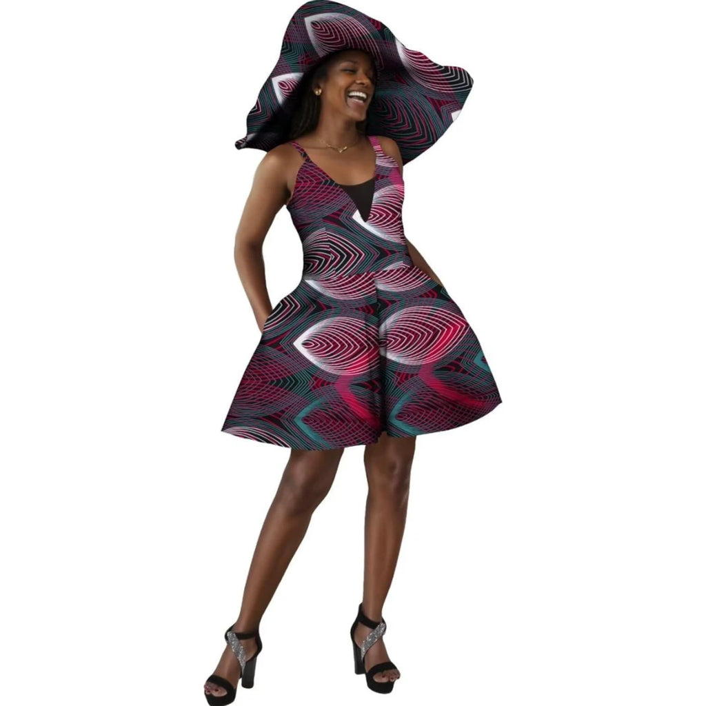 Women Summer Dress African Print Jumpsuit Sexy Sleeveless V-neck Short Pant with Hat Fashion African Clothes Lady Attire WY8844