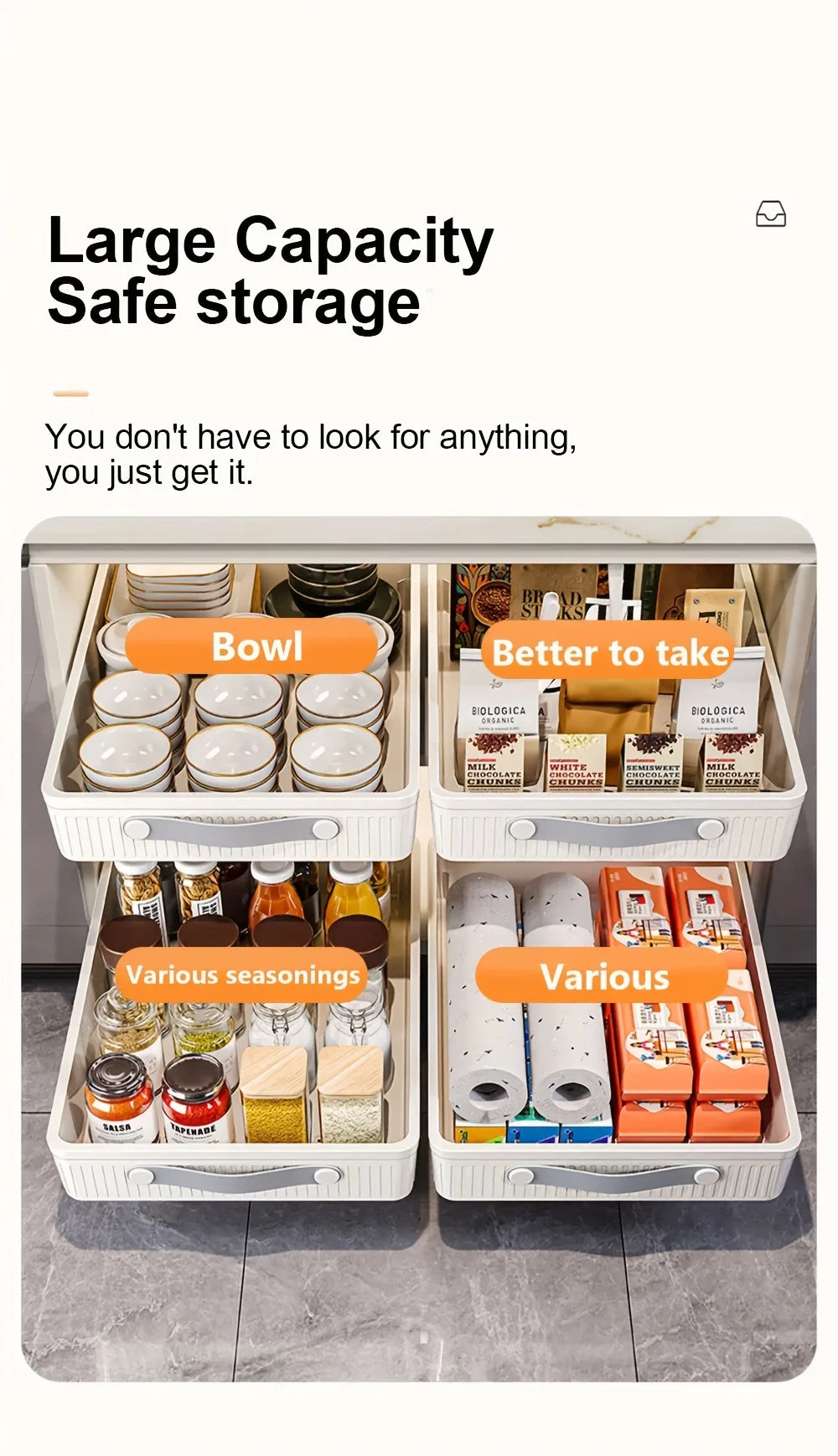 1 PC Kitchen Cabinet Drawer Storage Boxes with Slide Rails Pull-out Kitchen Storage Tray Spice Box Shelf Cabinets Organizer