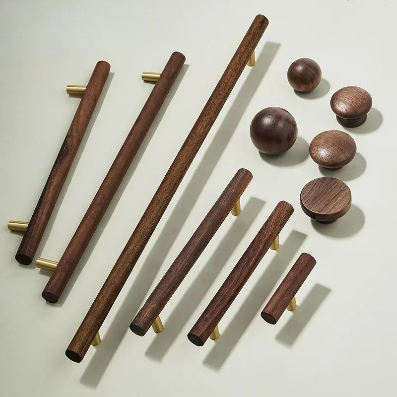 Walnut and Brass Furniture Handles Modern Simple Style Wood Cabinet Knobs and Handles Anti-cracking and Anti-oxidation