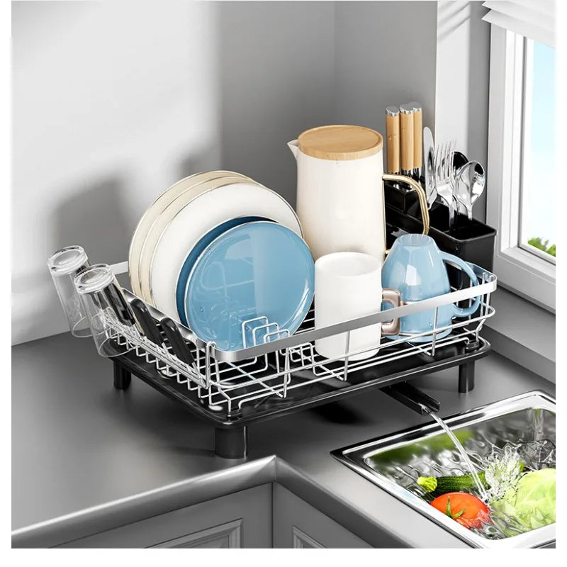 Single Layer Hollow Dish Rack Kitchen Countertop Rack with Drainage Tray Multifunctional Tableware Rack Rust Resistant Durable