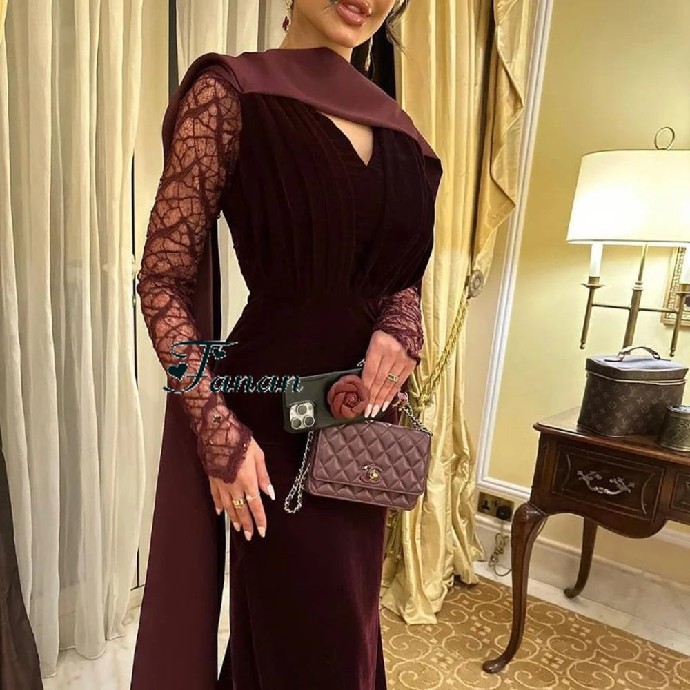 Customize Burgundy V-neck Lace Sleeves Mermaid Evening Dresses Jersey Draped Floor Length With Sweep Train Long Elegant Gown