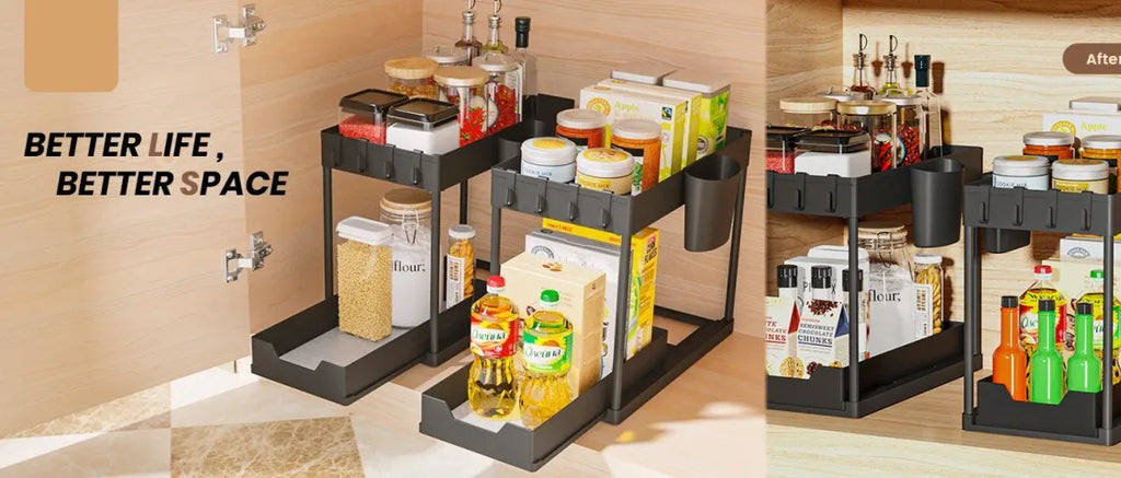Under Sink Organizer and Storage, Kitchen Organization Rack with Double Sliding Cabinet Drawers, Multi-Purpose Storage Shelf Hol