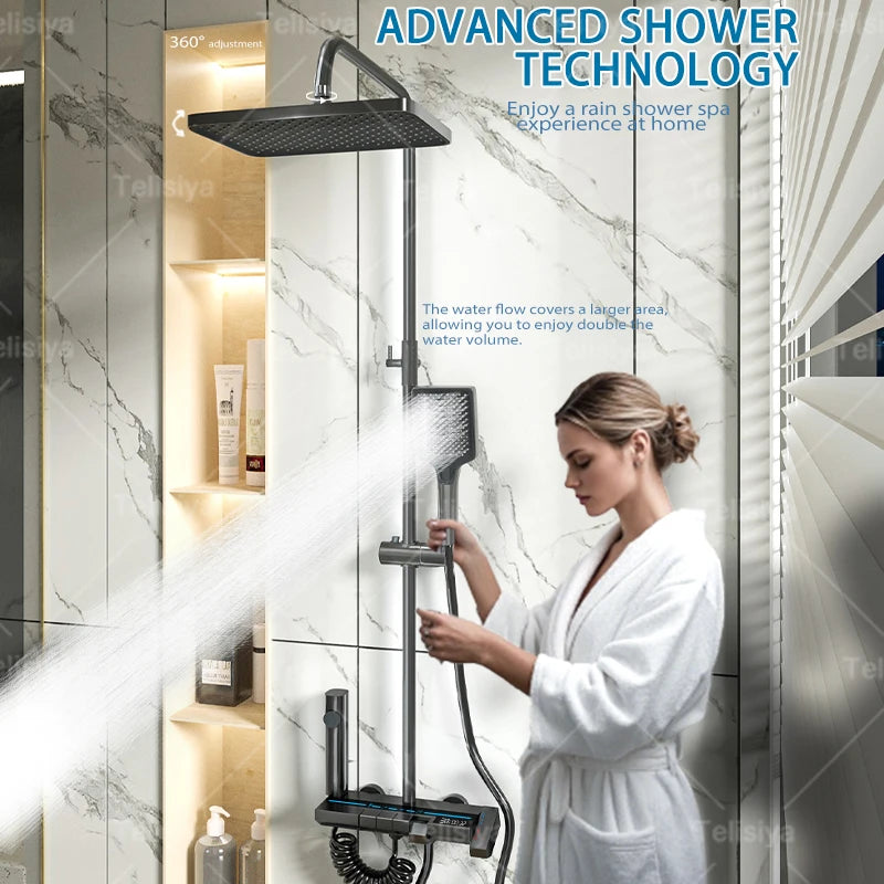 Bathroom Shower System Sets Piano Button Ambient Light Digital Display Pressurization Rain Faucets Shower Set