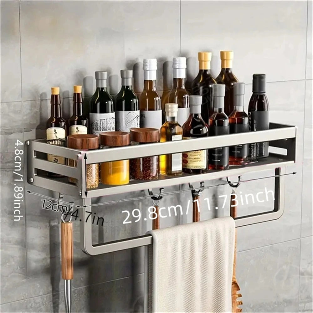 Aluminum Wall-Mounted Spice Rack Multifunctional Item Storage Shelf Kitchen Tools Storage Hooks Space Management Solution