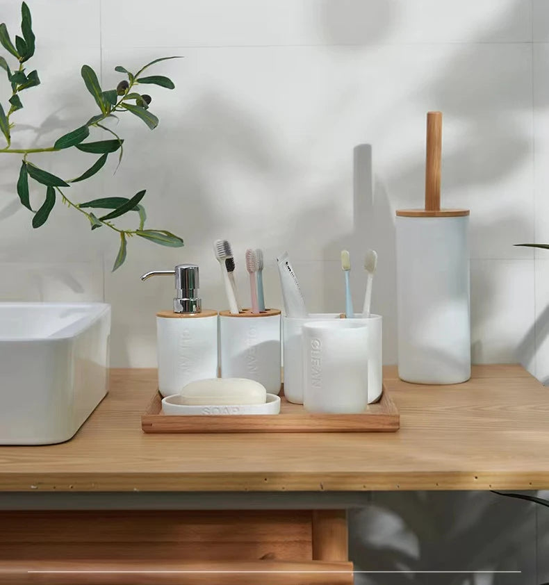 Bathroom Accessories Set Designer Soap Lotion Dispenser Toothbrush Holder Soap Dish Tumbler or wood Bottle Cup Black/White/gray