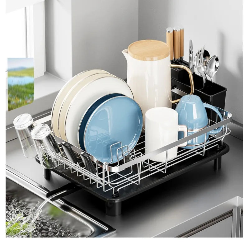 Single Layer Hollow Dish Rack Kitchen Countertop Rack with Drainage Tray Multifunctional Tableware Rack Rust Resistant Durable