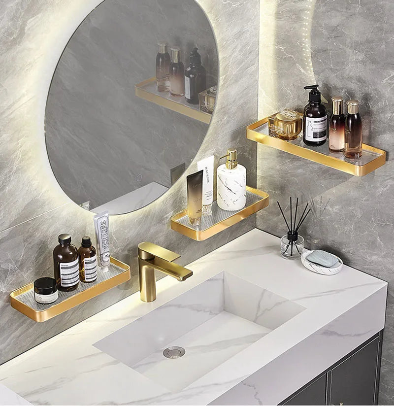 Brushed Gold Bathroom Shelf Aluminum Wall-mounted Shower Storage Rack Bath Shampoo Holder Corner shelf Bathroom Shelves