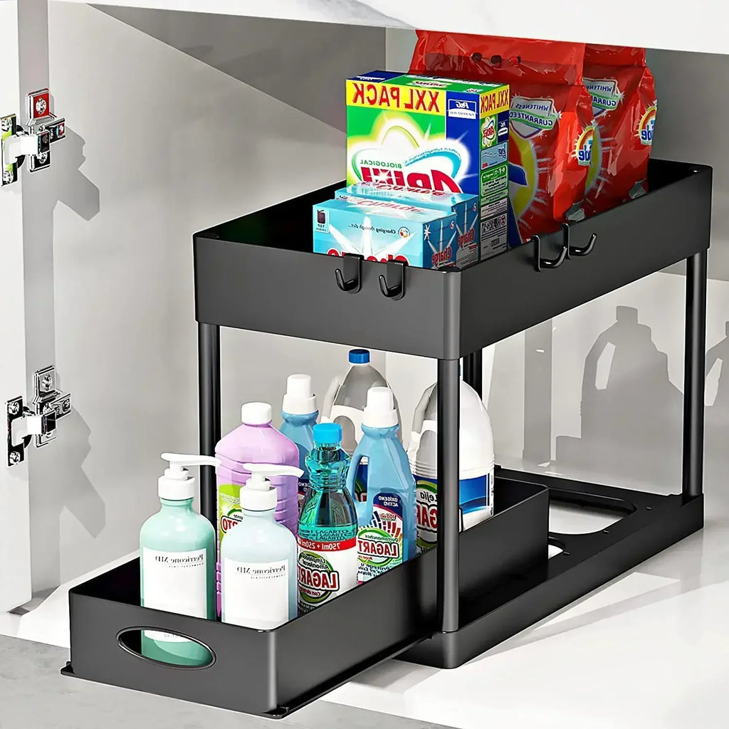 2 Tier Under Sink Organizer Sliding Cabinet  Organizer Storage Rack with Hooks Hanging Cup Bathroom Kitchen Organizer