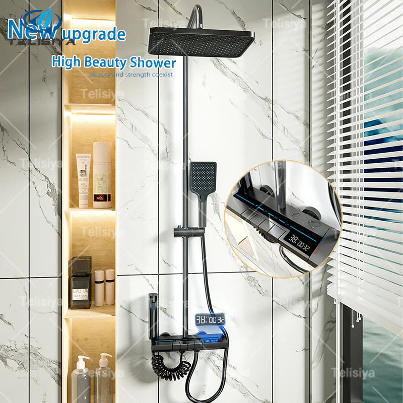 Bathroom Shower System Sets Piano Button Ambient Light Digital Display Pressurization Rain Faucets Shower Set