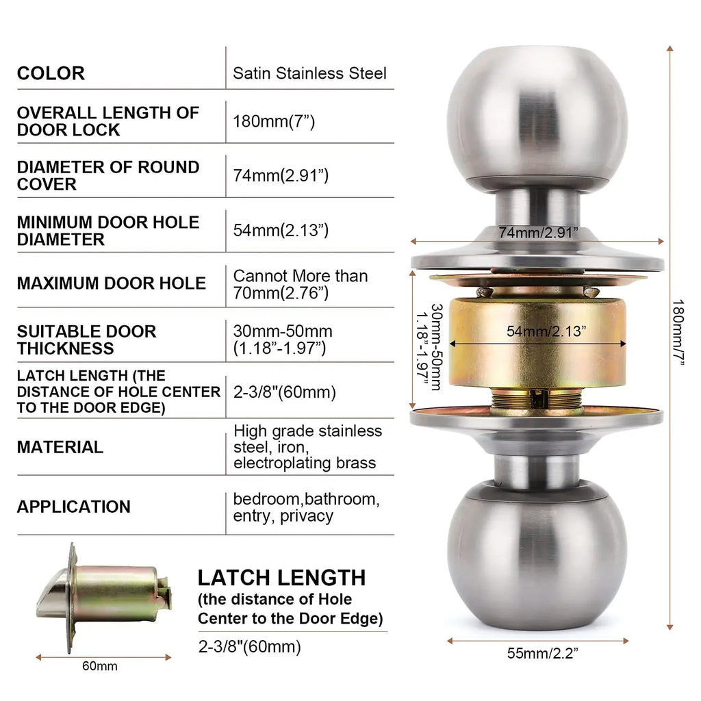 Keyed Entry Door Knob with Lock Round Door Knobs Stainless Steel Interior and Exterior Door Lock for Bedroom Bathroom