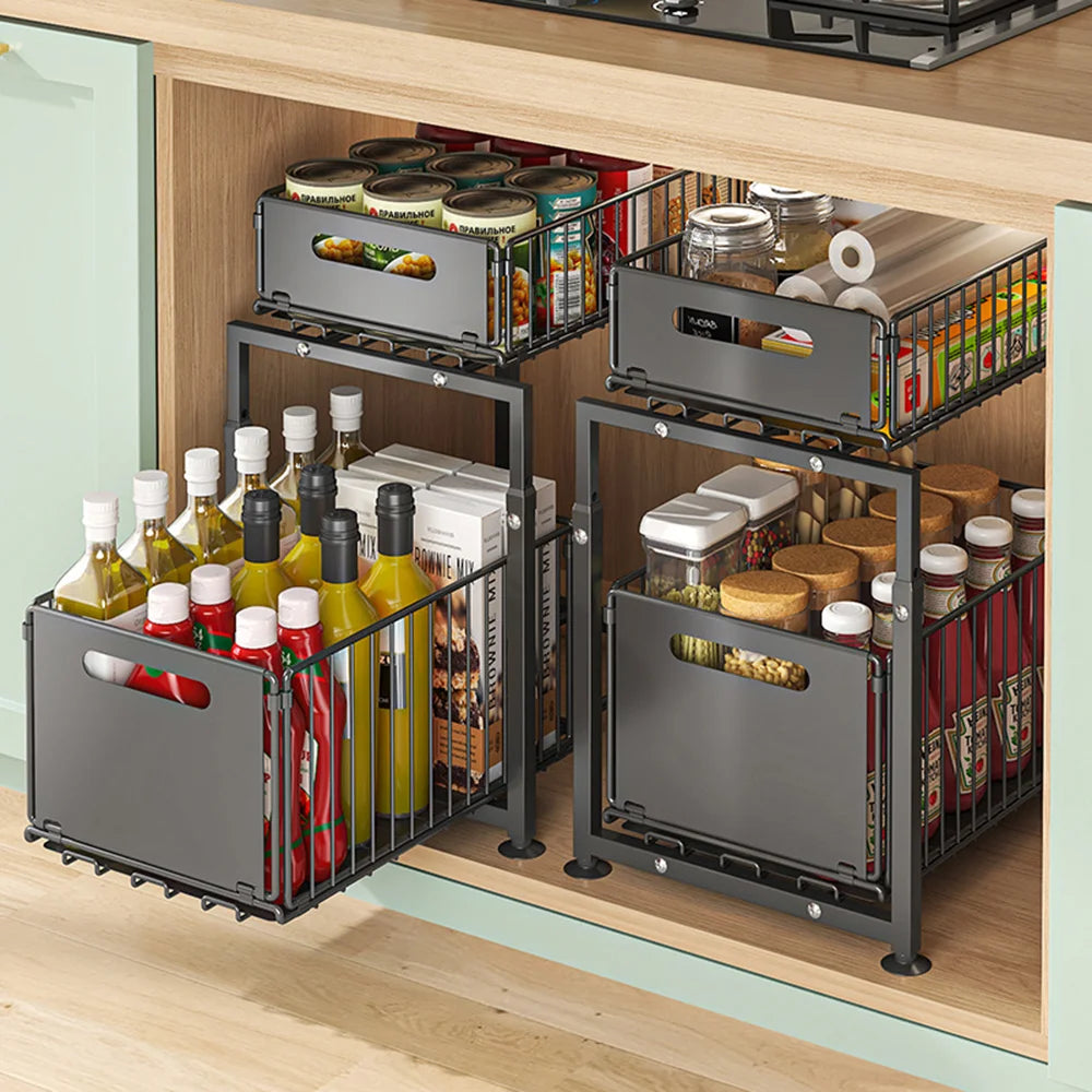 2-Tier Pull Out Cabinet Organizer Drawer Height Adjustable Kitchen Rack for Cabinet Under Sink Organizer Spice Jar Storage Shelf