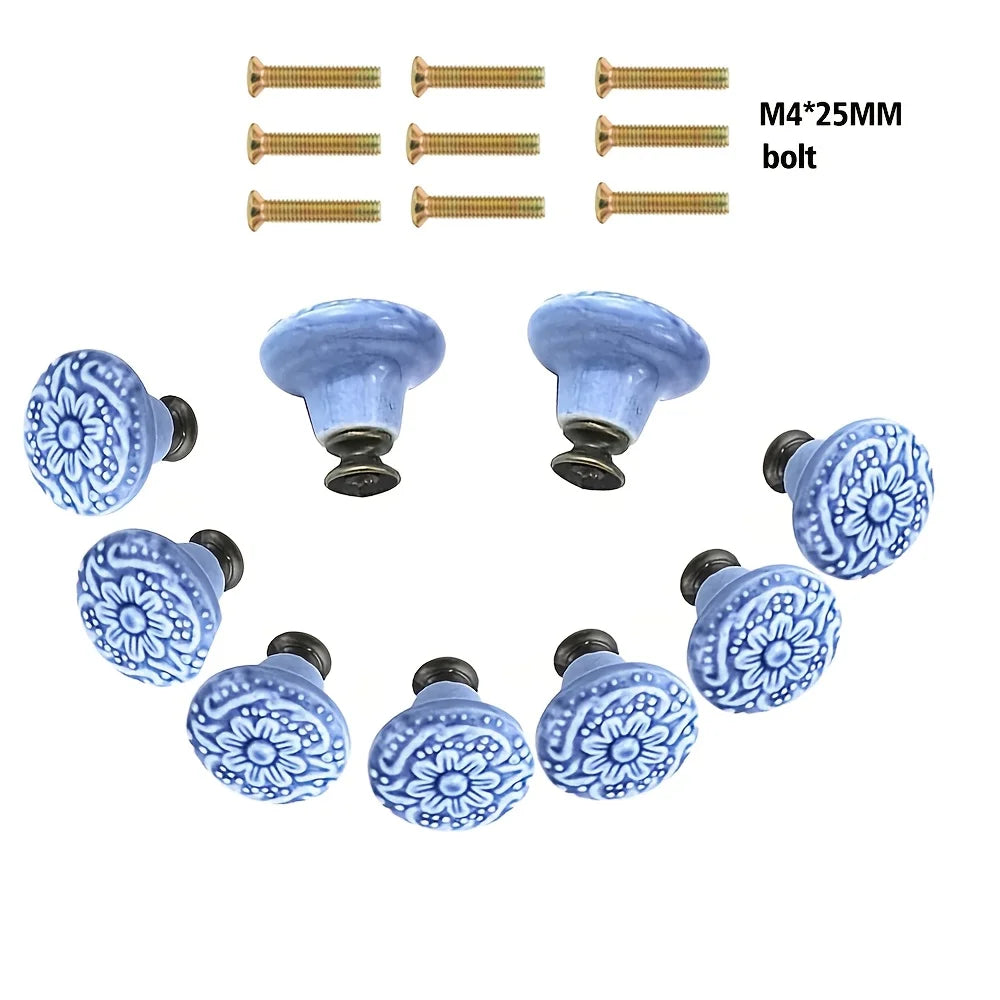 9 Pcs Light Blue Vintage Round Ceramic Cabinet Knobs and Pulls for Drawer, Cupboard, Closet Door