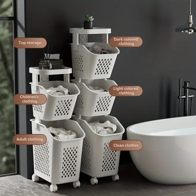 Multilayer Dirty Laundry Basket Storage Rack Clothes Storage Basket Sundries Storage Basket with Wheels Home Bathroom Supplies