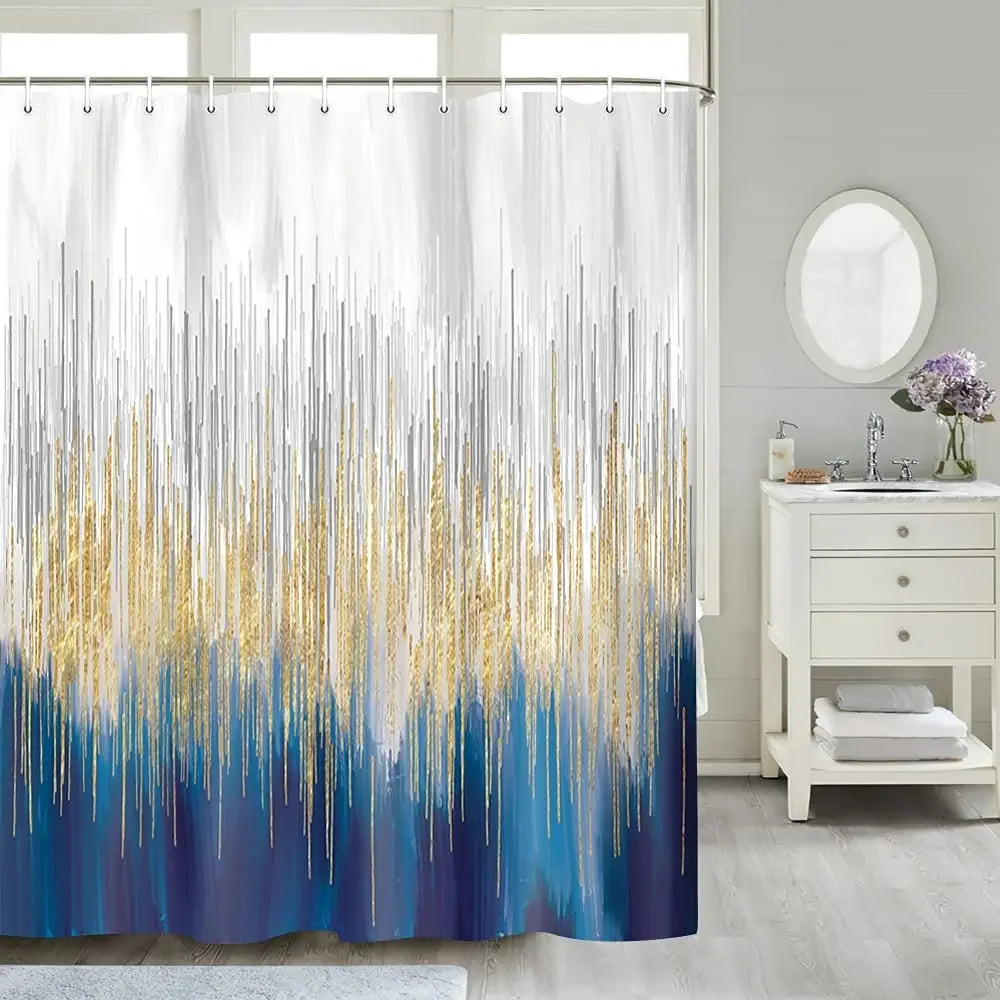unframed Grey and Blue Abstract Art Shower Curtain, Modern Ombre Design Bathroom Curtain Fabric Gold Navy Blue with Hooks Bath C