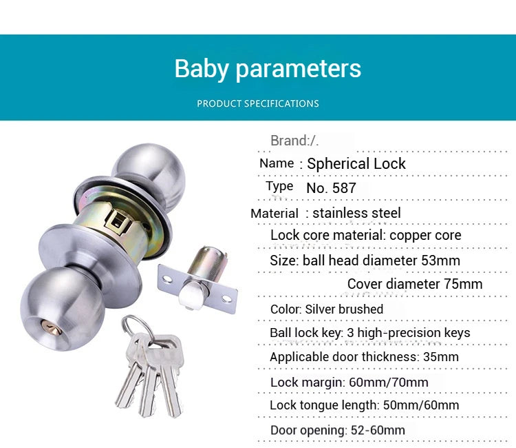 ZEXEF Stainless Steel Round Door Knobs Rotation Lock Knobset Handle Metal Door Knob With Key For Bedrooms Living Rooms Bathrooms